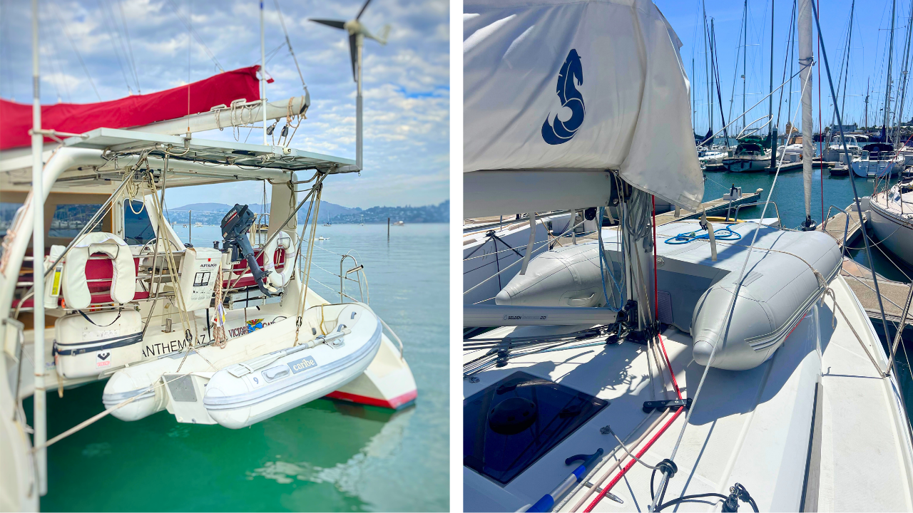 Left: Ho'Okele with dinghy on davits and Right: Andiamo with dinghy on deck