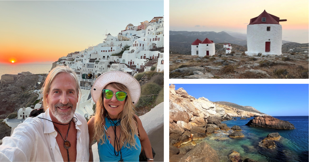 A couple in the foreground with the sun setting behind them, landscape of white stucco homes spreading up a hillside, an image of a rocky shore with blue sky and water