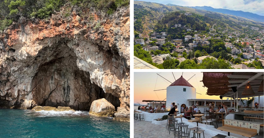 Images of Greek landscape dotted with houses and trees, a cutaway of a cliff inside the rocky shore, a restaurant with white stucco and roofs made of natural materials