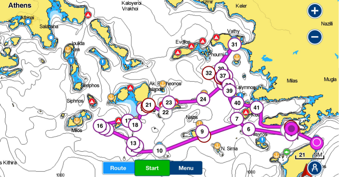Nautical chart of the route the crew of Artemis took from Rhodes through the Dodecanese and Cyclades