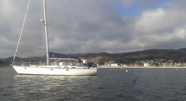 Coho II, a Spencer 44, is anchored in Half Moon Bay on a Modern Sailing Expedition Trip.