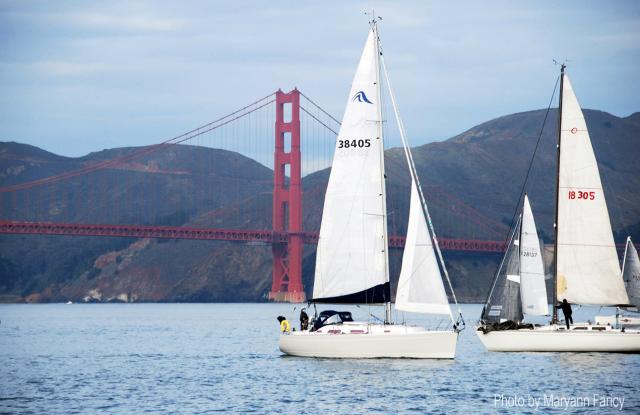 Twelve-Winded Sky ghosting through pre-start maneuvers in front of the Golden Gate Bridge. Photo by Maryann Faricy