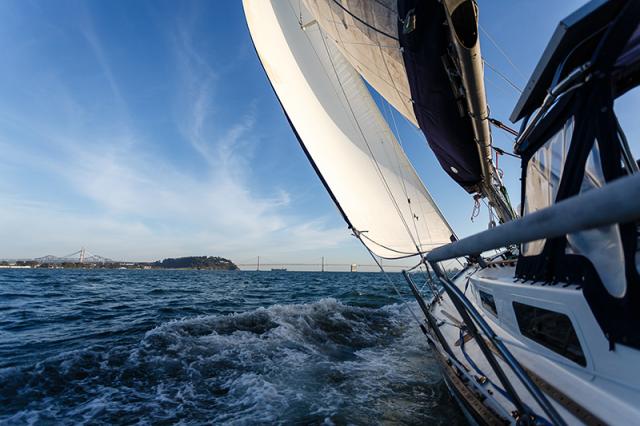 Sailboat healing over during a Bareboat Cruising (ASA 104) sailing course with Modern Sailing School and Club on San Francisco Bay