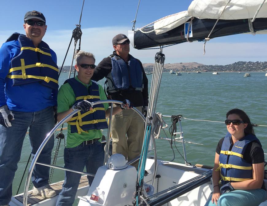 Members of Modern Sailing School and Club set sail on a group sailing trip on San Francisco Bay.